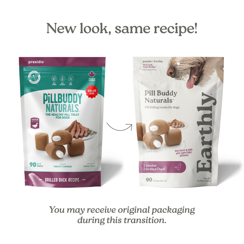 Presidio Earthly Pill Buddy Naturals duck flavor highlights chicken-free recipe for sensitive dogs
