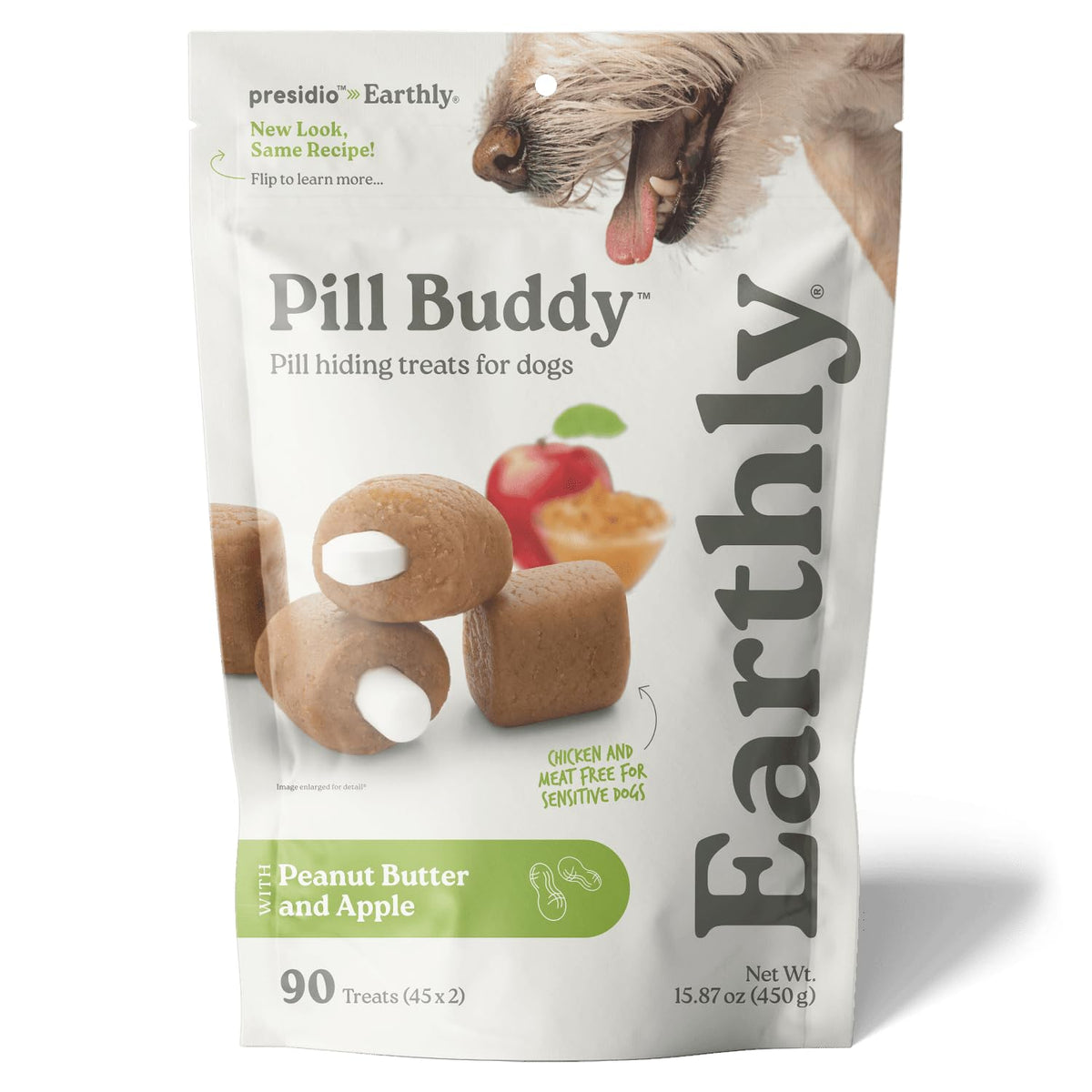 Presidio Pill Buddy Naturals apple recipe packaging shows easy pill concealment for dogs.