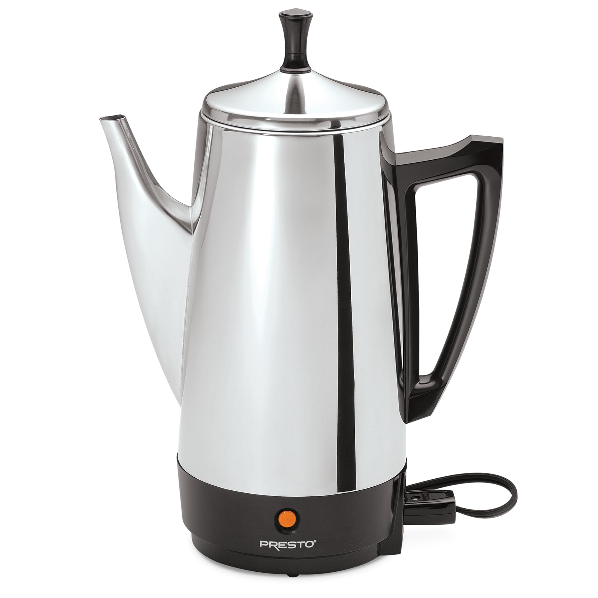 Presto 02811 stainless-steel percolator front view for hot coffee