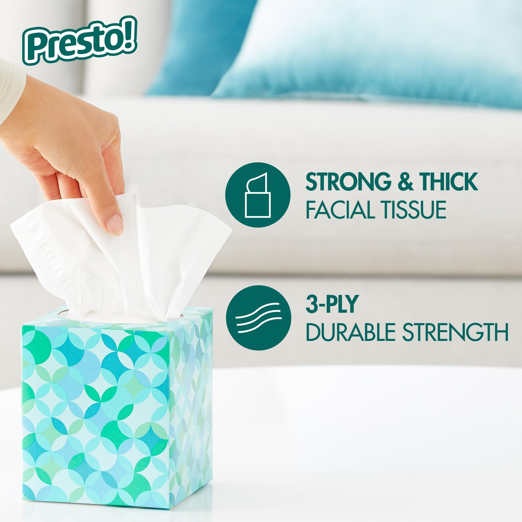 Presto! 1188-count tissues provide a steady supply for home and office spaces.