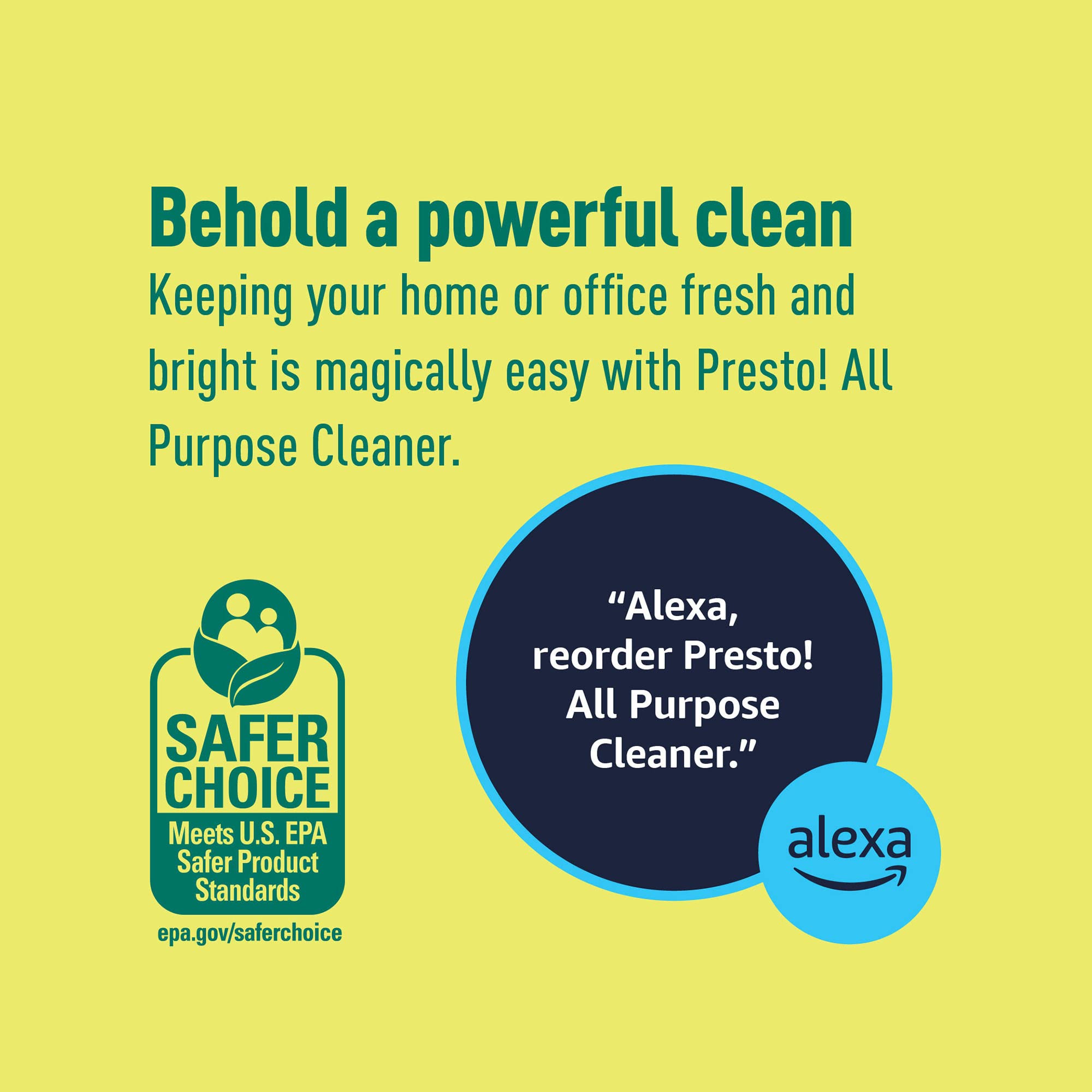 Presto All Purpose Cleaner lemon scent multi-surface spray for fast wipe-downs.