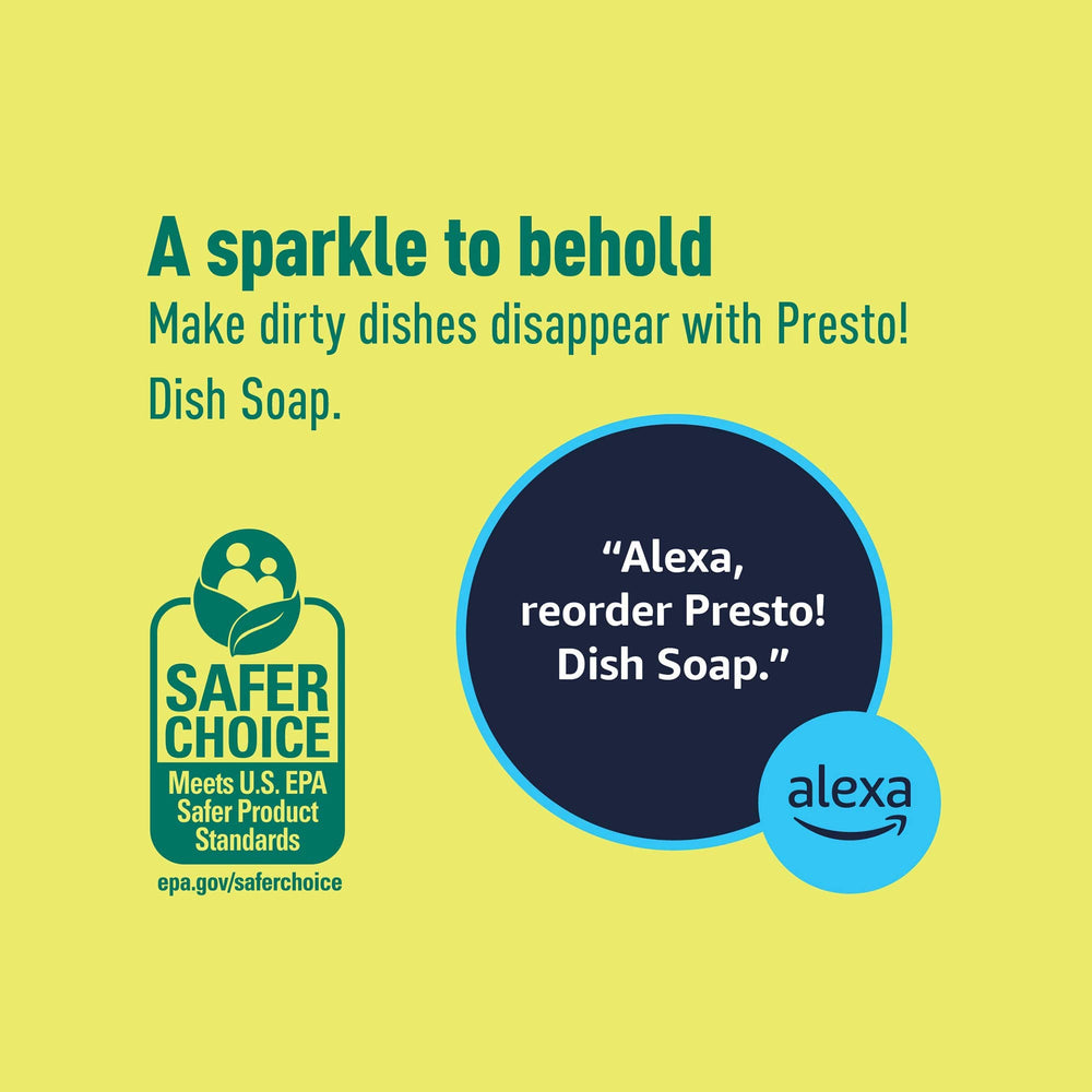 Presto! lemon bottle closeup highlights easy handling and fresh citrus scent.