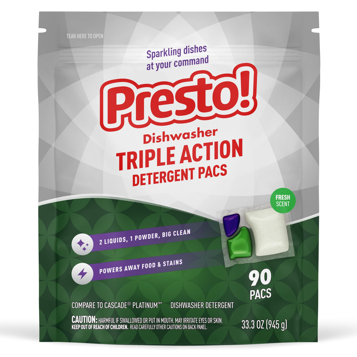 Presto! dishwasher pacs packaging shows fresh scent for sparkling dishes