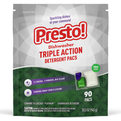 Presto! dishwasher pacs packaging shows fresh scent for sparkling dishes