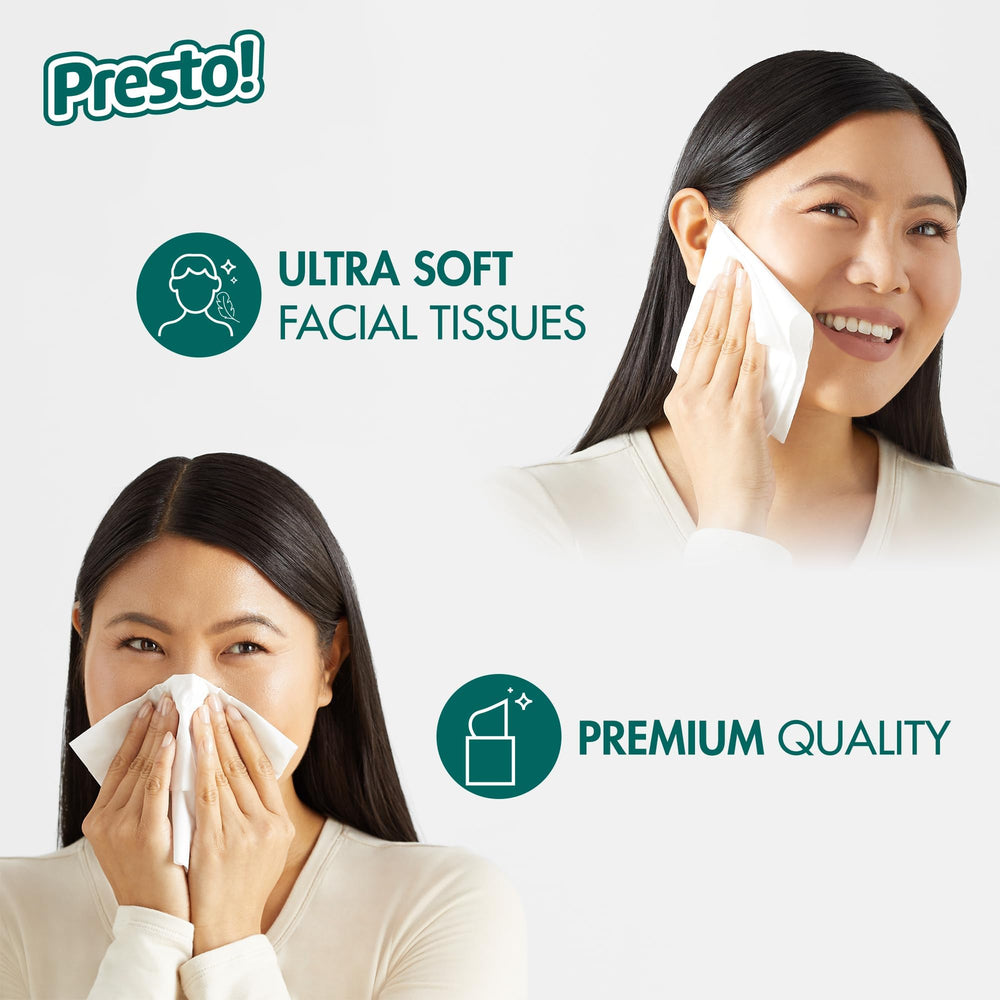 Presto! Durable yet soft tissues visible in vibrant cube boxes on a shelf.