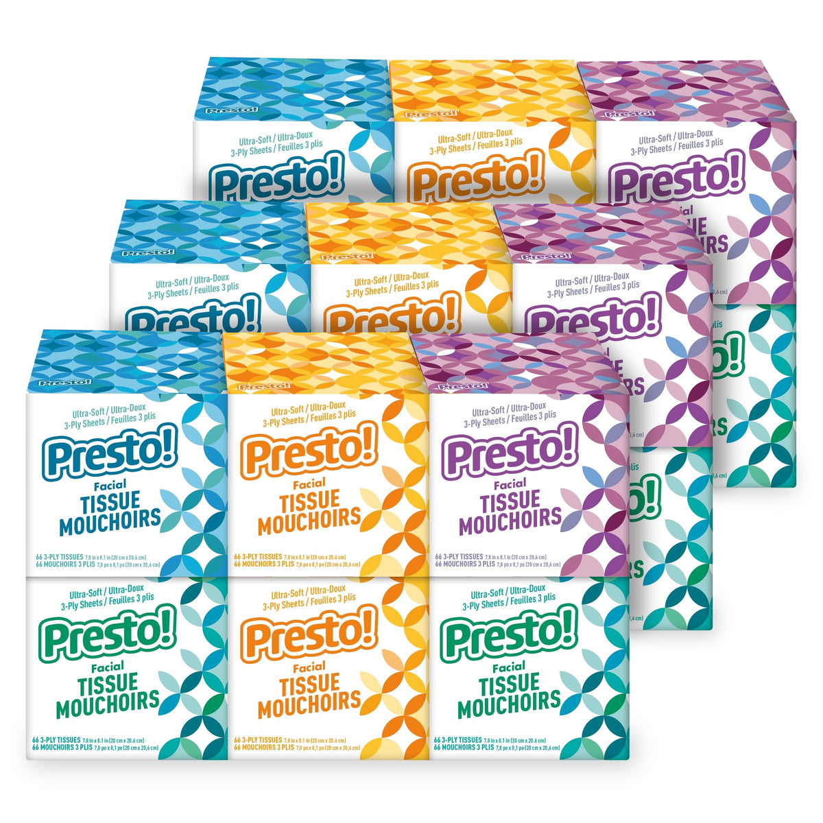 Presto! Ultra-soft 3-ply tissues in colorful cube boxes for everyday use.