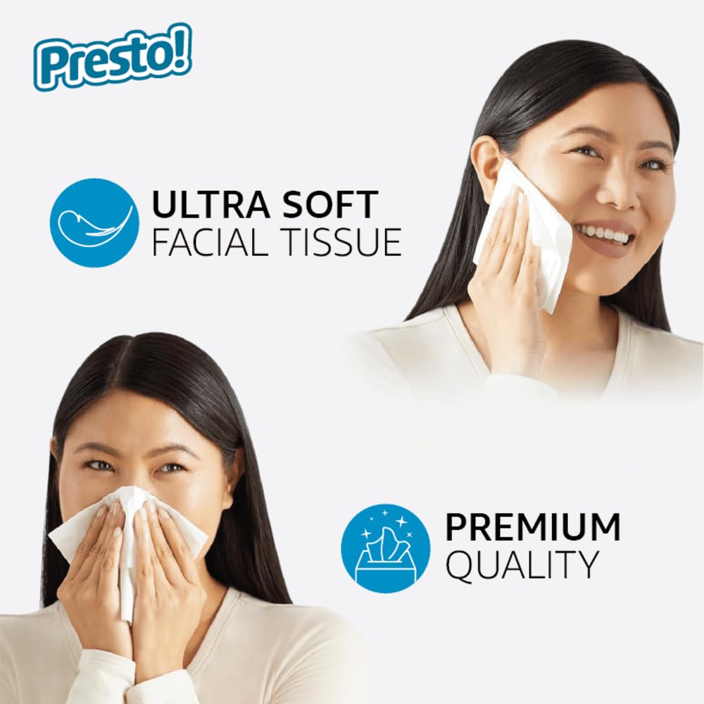 Presto! Ultra-Soft 3-Ply tissues in colorful cube boxes brighten a bathroom or office