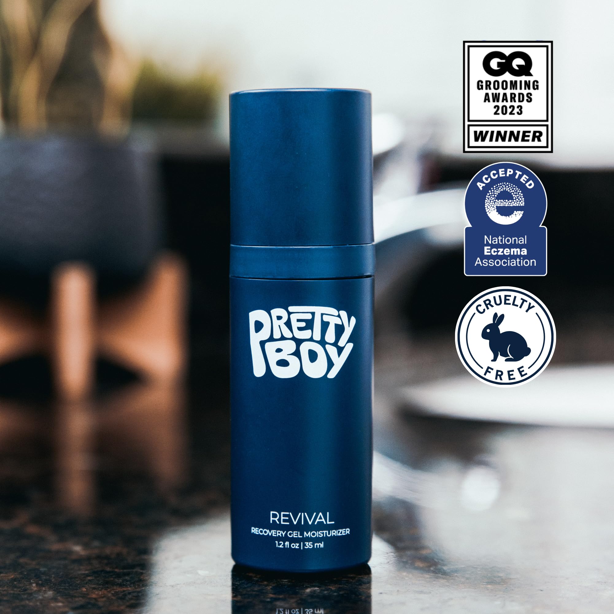 PrettyBoy Face Revival Gel fragrance-free label highlights sensitive-skin suitability.