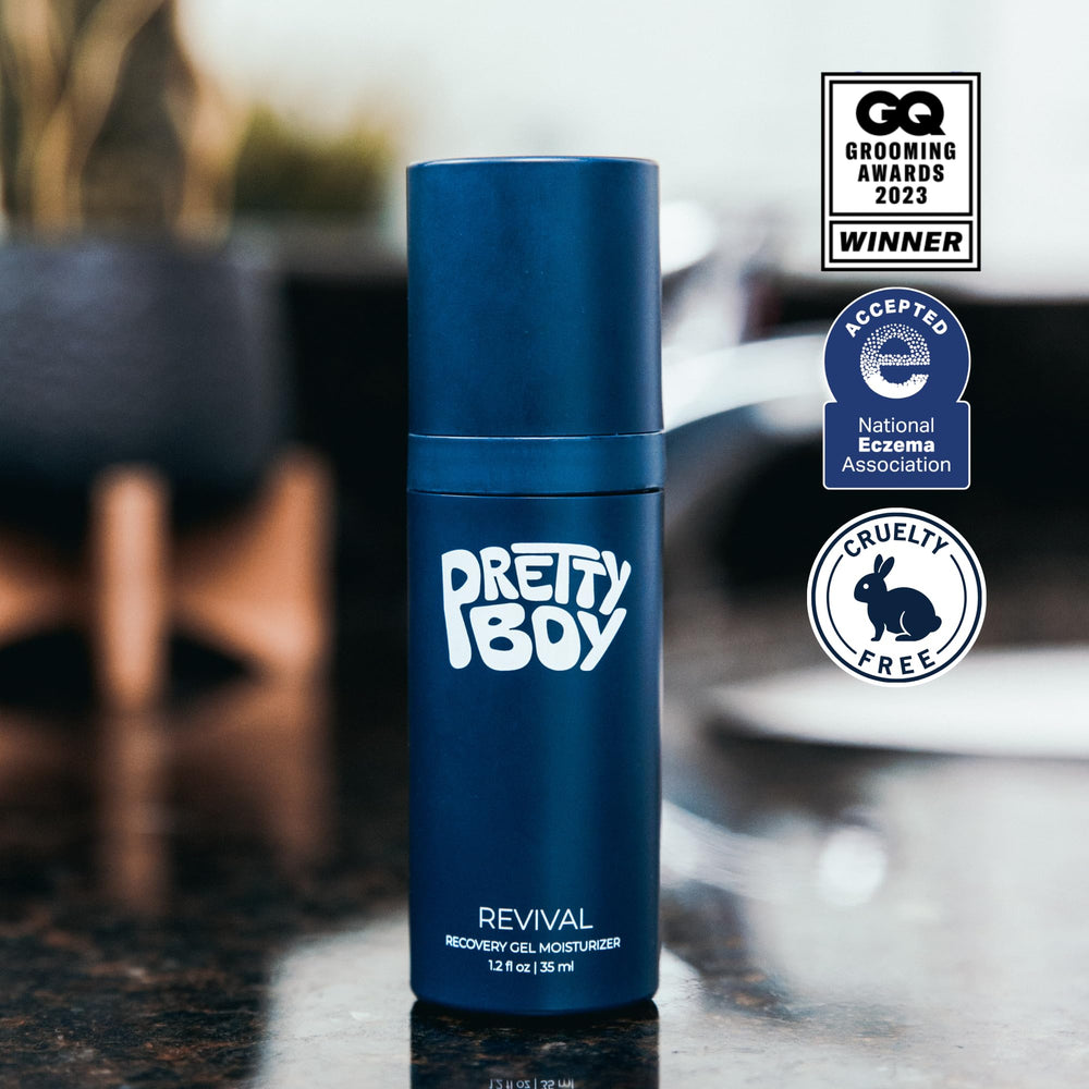 PrettyBoy Face Revival Gel fragrance-free label highlights sensitive-skin suitability.