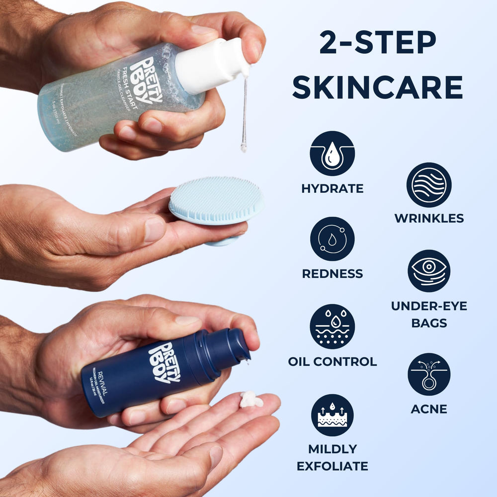 PrettyBoy Face Revival Gel used in morning and evening routines for balanced hydration.