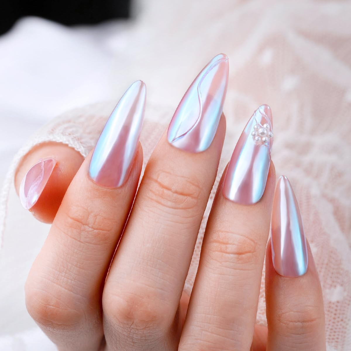 High-gloss icy blue sheen from PrettyDiva Moonlight Chrome Nail Powder.