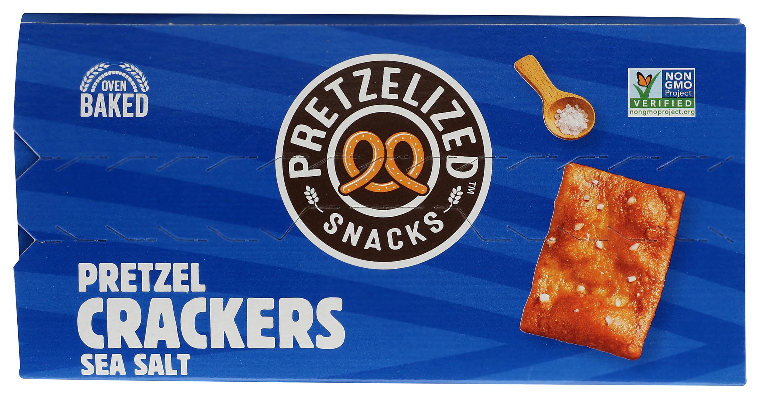 Pretzelized Snacks Sea Salt Pretzel Crackers close-up of crisp texture and salt crystals.