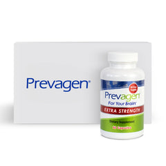 Prevagen Extra Strength bottle close-up illustrating the easy-to-swallow capsule for daily use.
