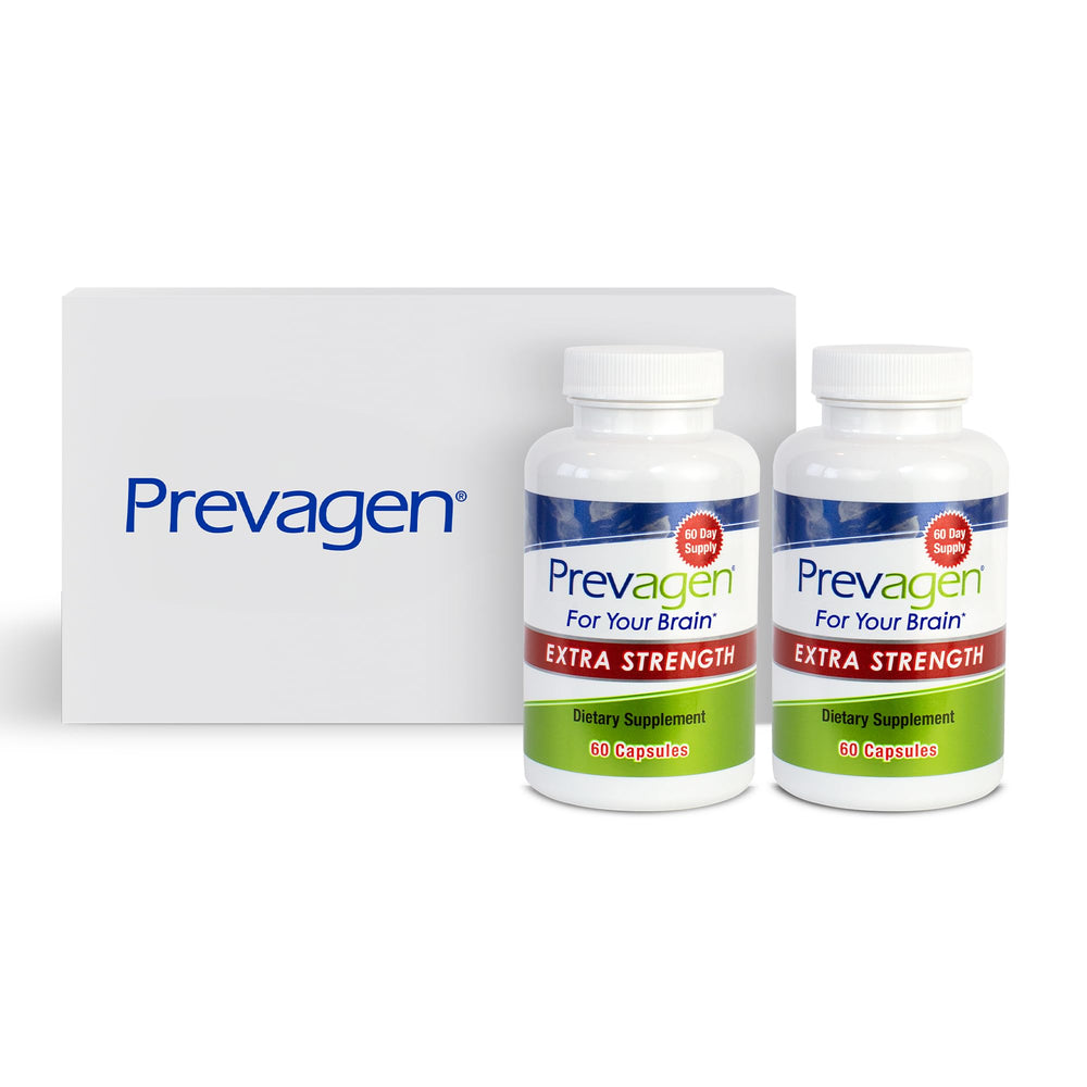 Prevagen Extra Strength bottle front showing label and design for daily brain support.