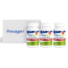 Prevagen Extra Strength bottle front with daily capsules for cognitive support.
