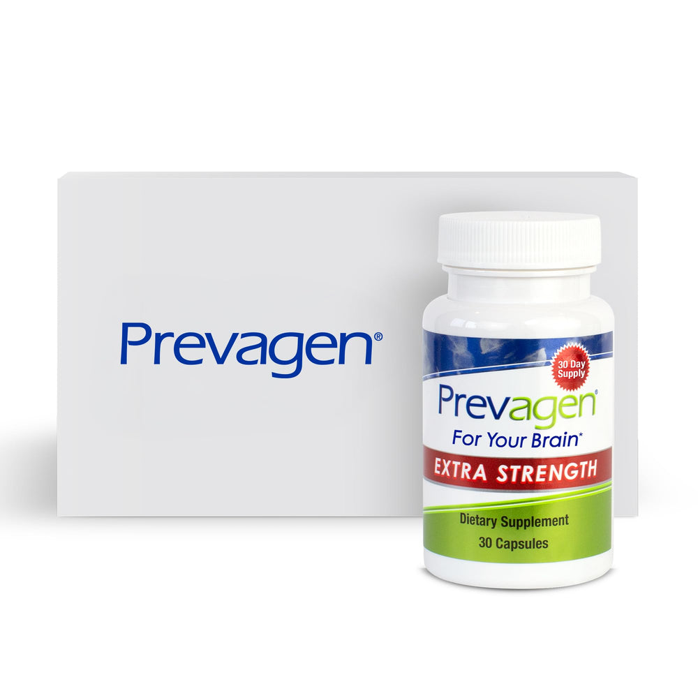 Prevagen Extra Strength bottle front showing daily brain support in an easy-to-use capsule.