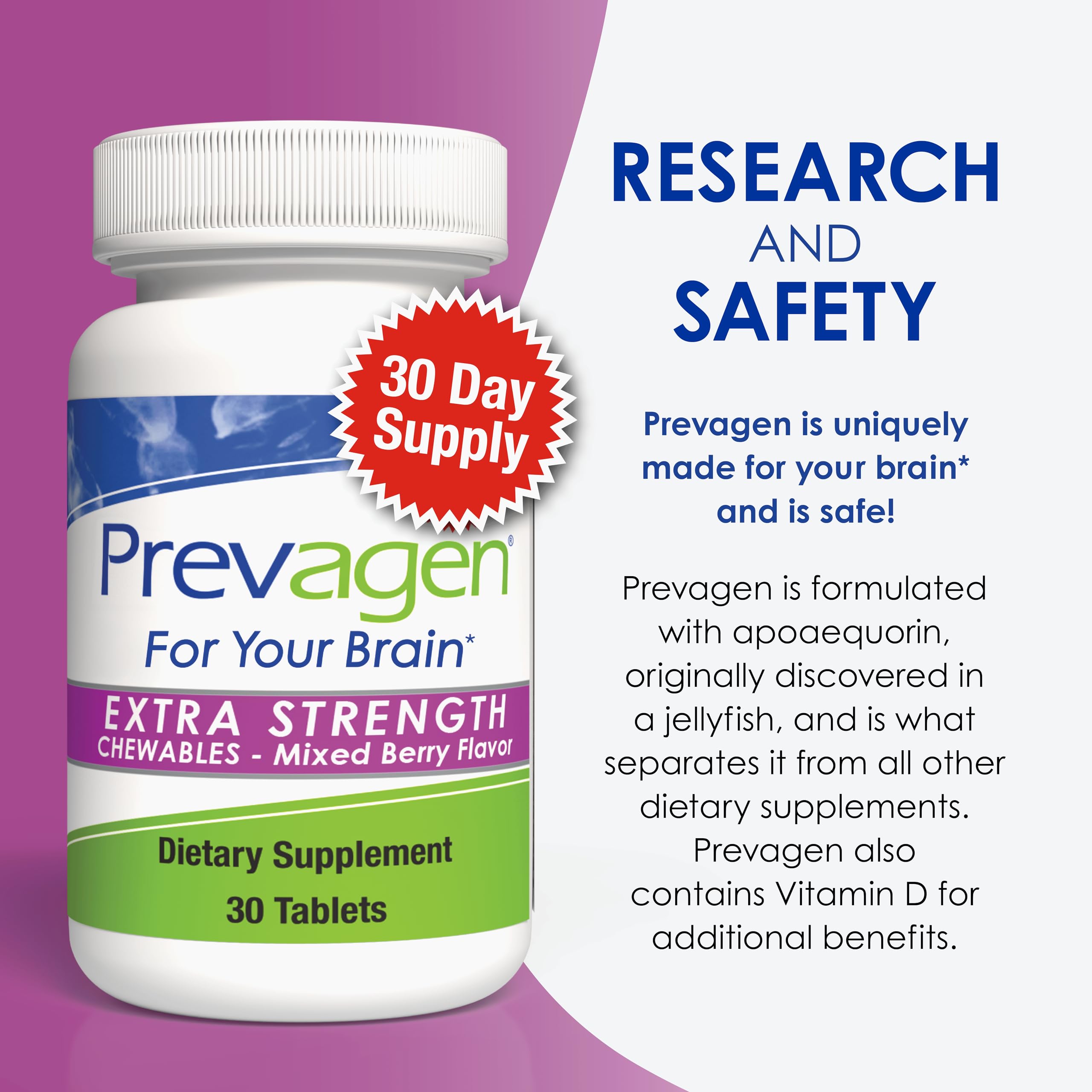 Prevagen once-daily dosing concept highlighted on packaging.
