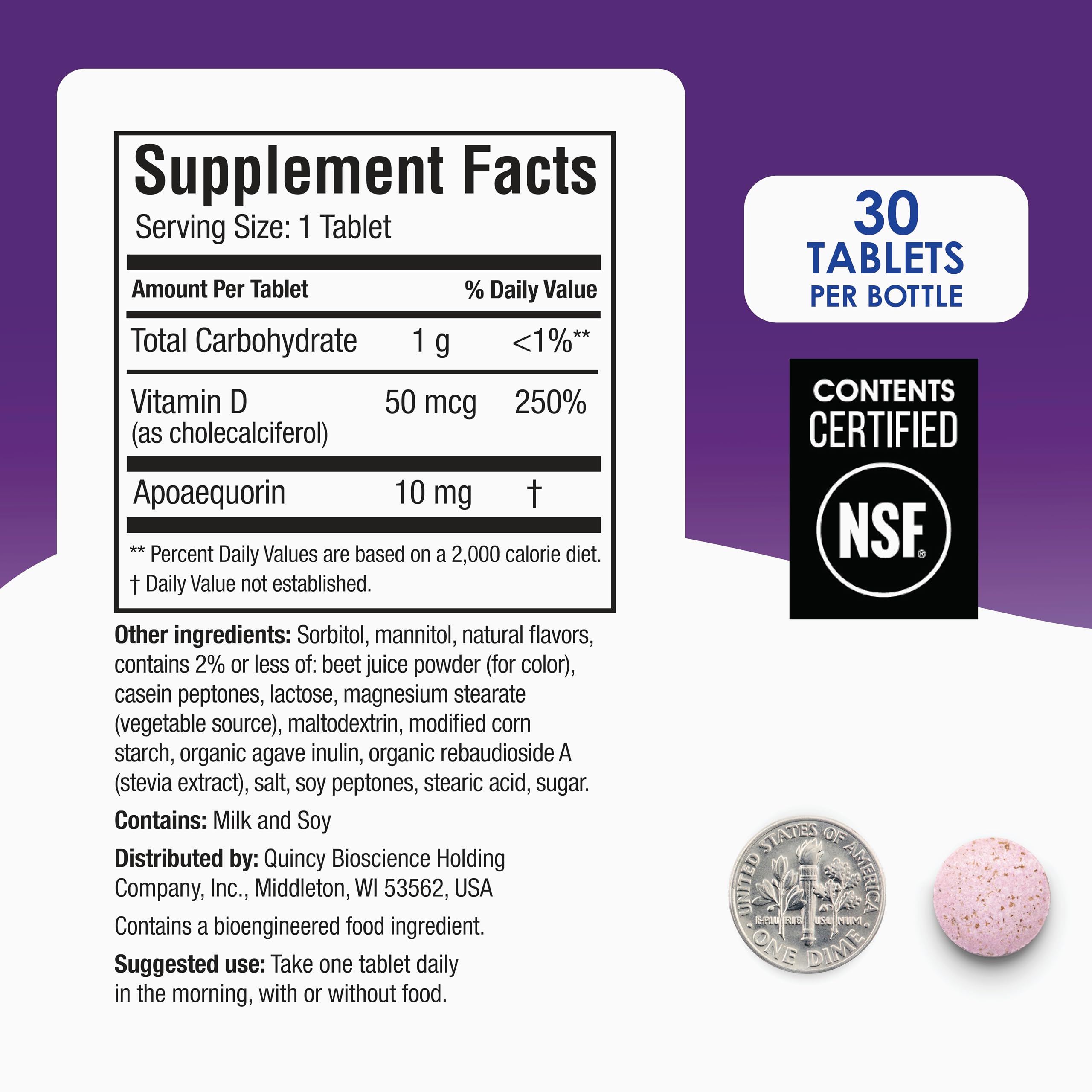 Prevagen safety testing seal and allergenicity notes illustrated on the packaging.