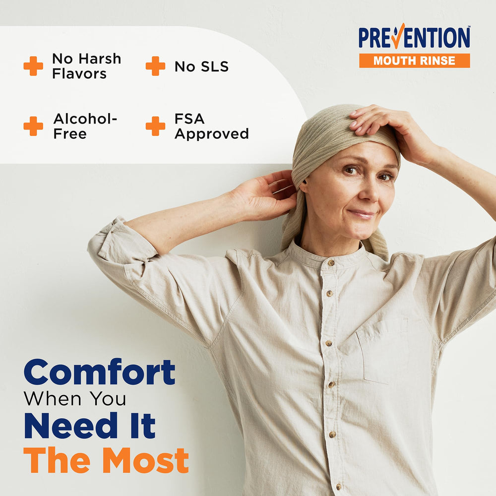 Prevention Oncology Mouthwash pour demonstrates easy-to-use rinse