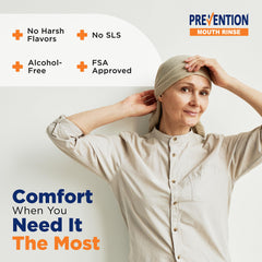 Prevention Oncology Mouthwash pour demonstrates easy-to-use rinse