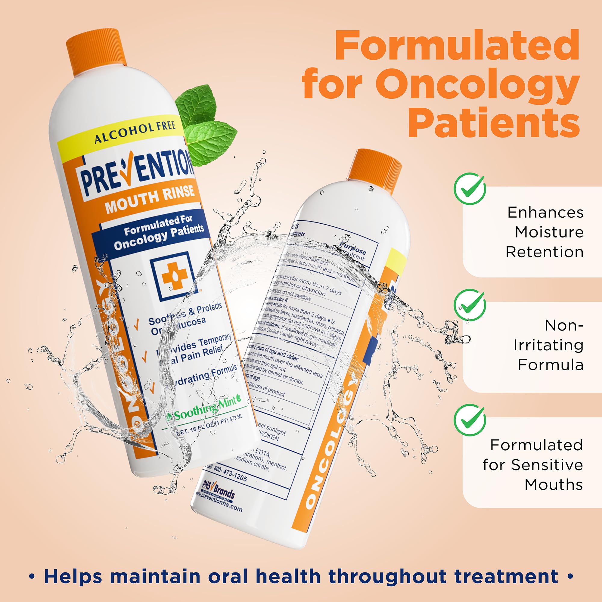 Prevention Oncology Mouthwash texture close-up shows moisturizing glycerin