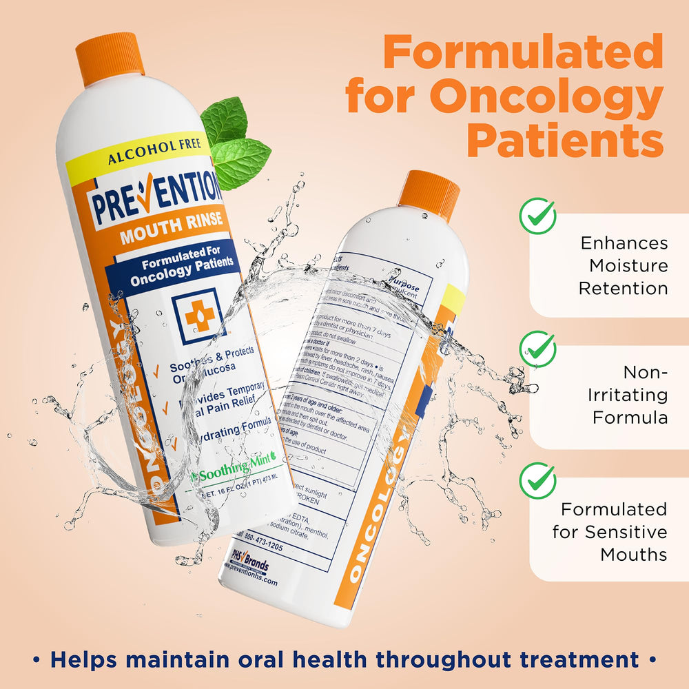 Prevention Oncology Mouthwash texture close-up shows moisturizing glycerin