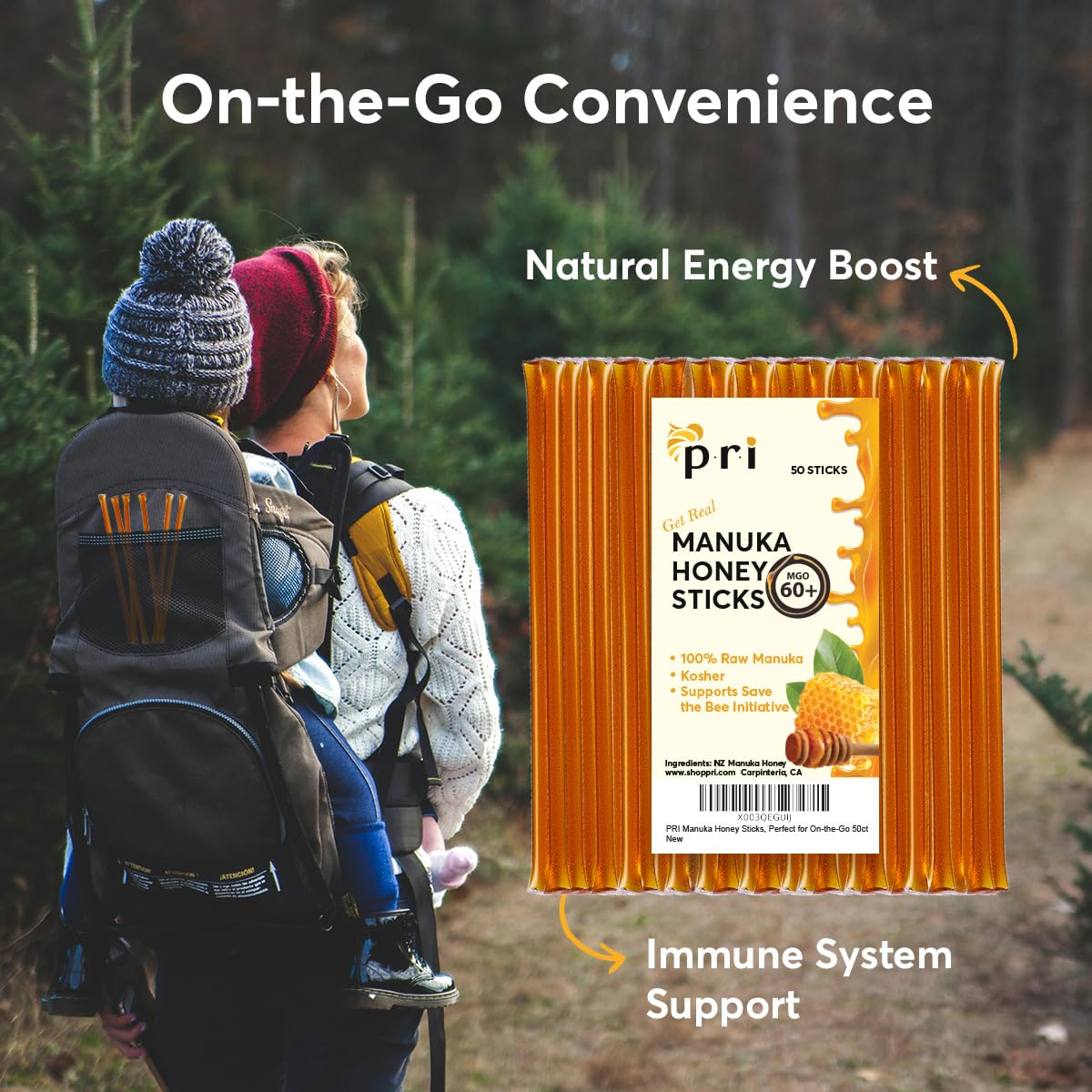 PRI Manuka Honey Sticks unwrapped showing convenient single-serve portions