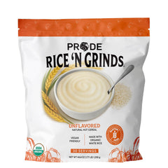 Pride Foods Rice 'N Grinds cereal box front shows gluten-free, non-GMO breakfast.