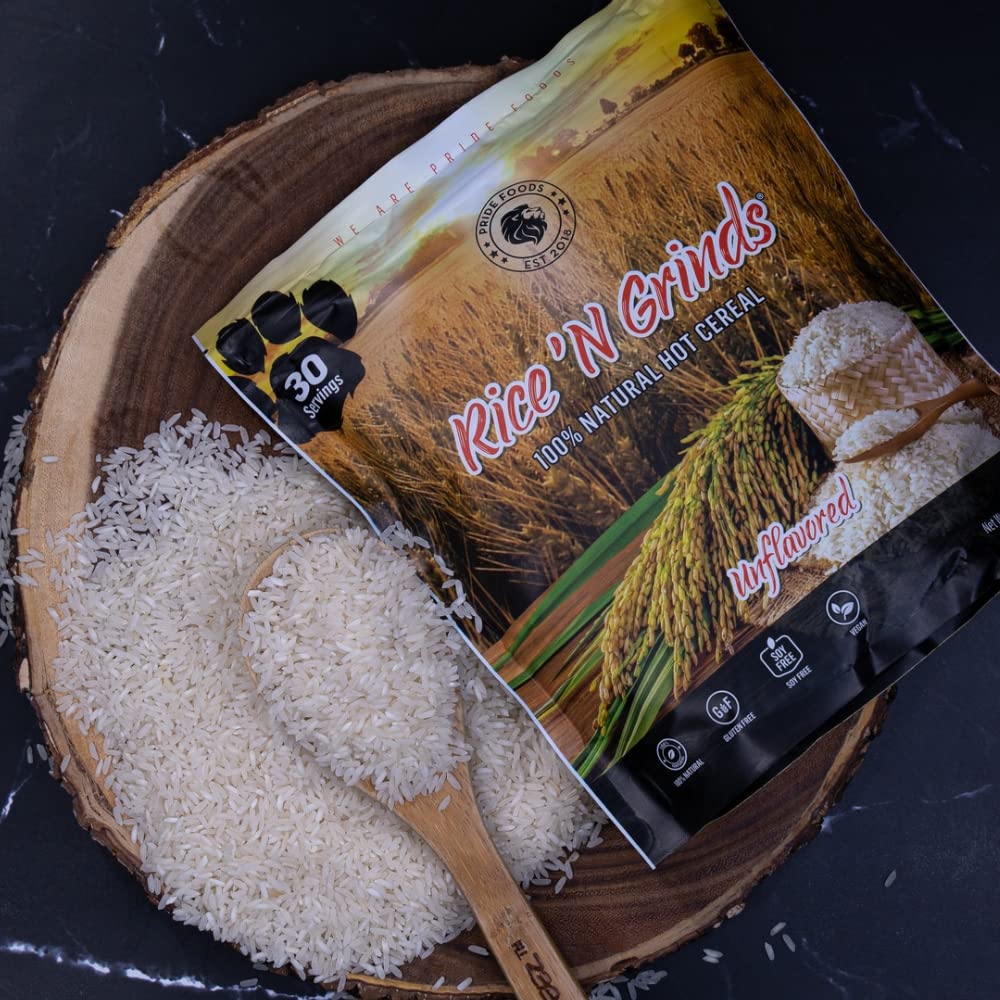 Gluten-free label visible on Pride Foods Rice 'N Grinds box.
