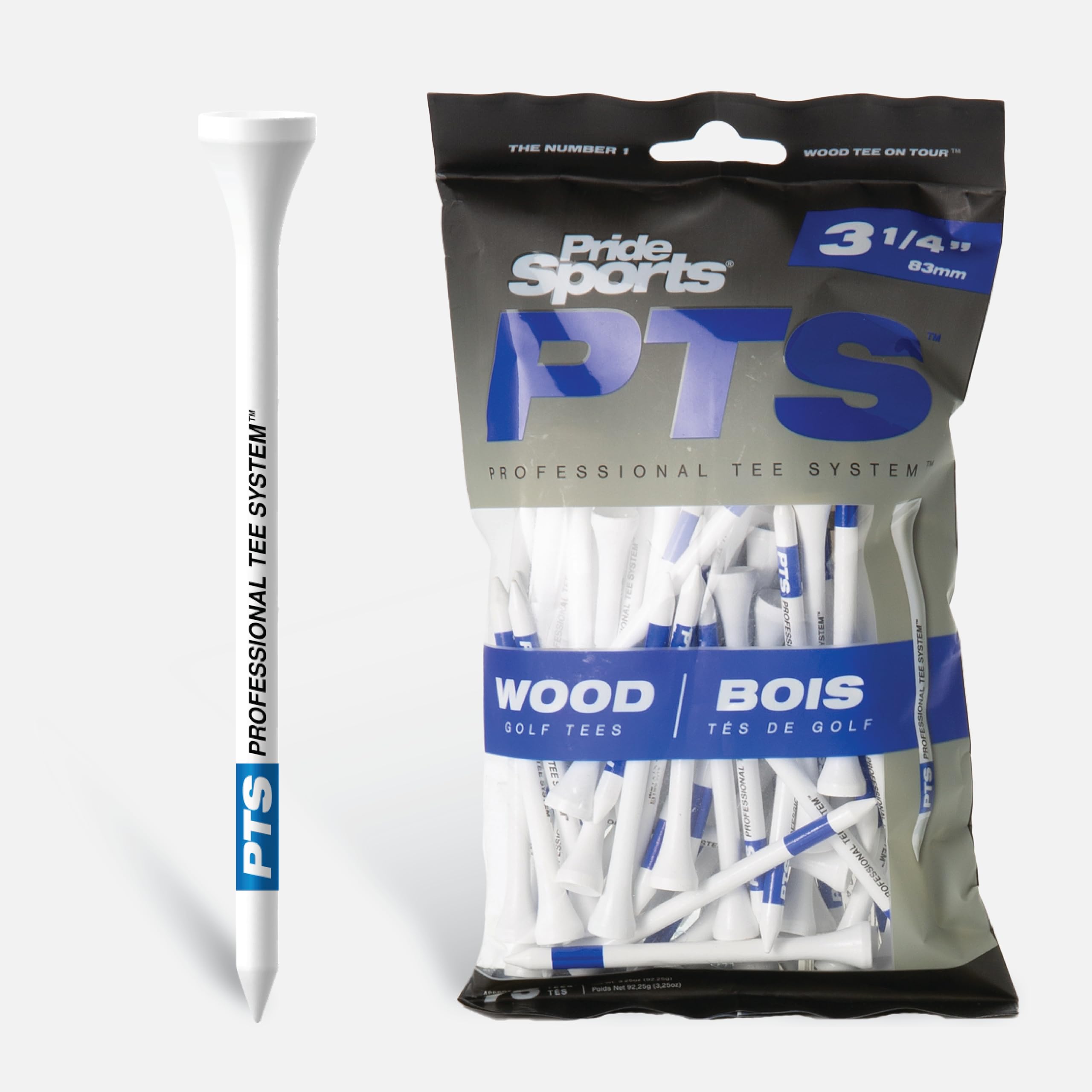 PrideSports PTS wood tees pack shot emphasizing durable natural hardwood for practice.