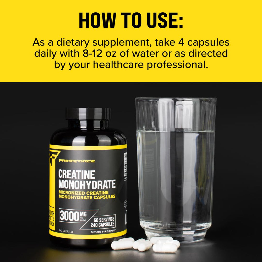 Primaforce Creatine Monohydrate Capsules in display highlights bulk bottle for workouts.