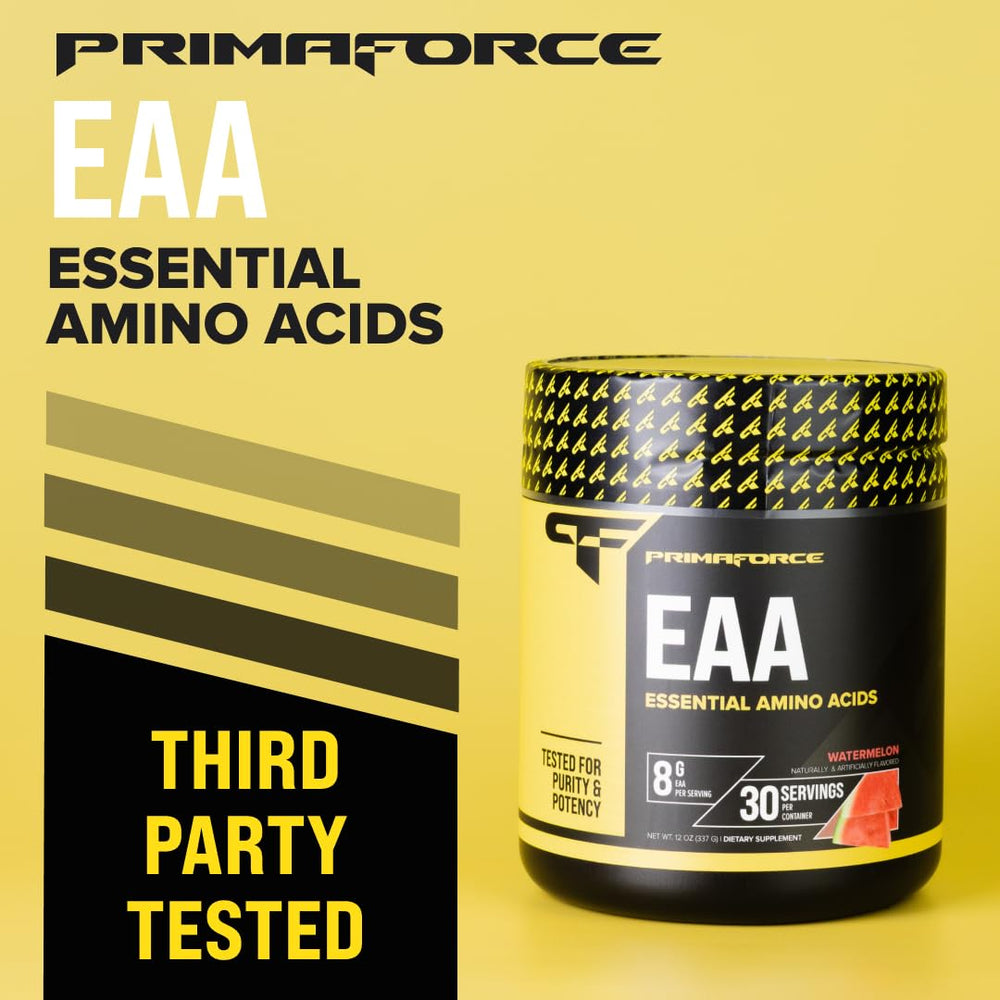 Close-up of Primaforce EAA Powder Watermelon label highlighting quality certifications