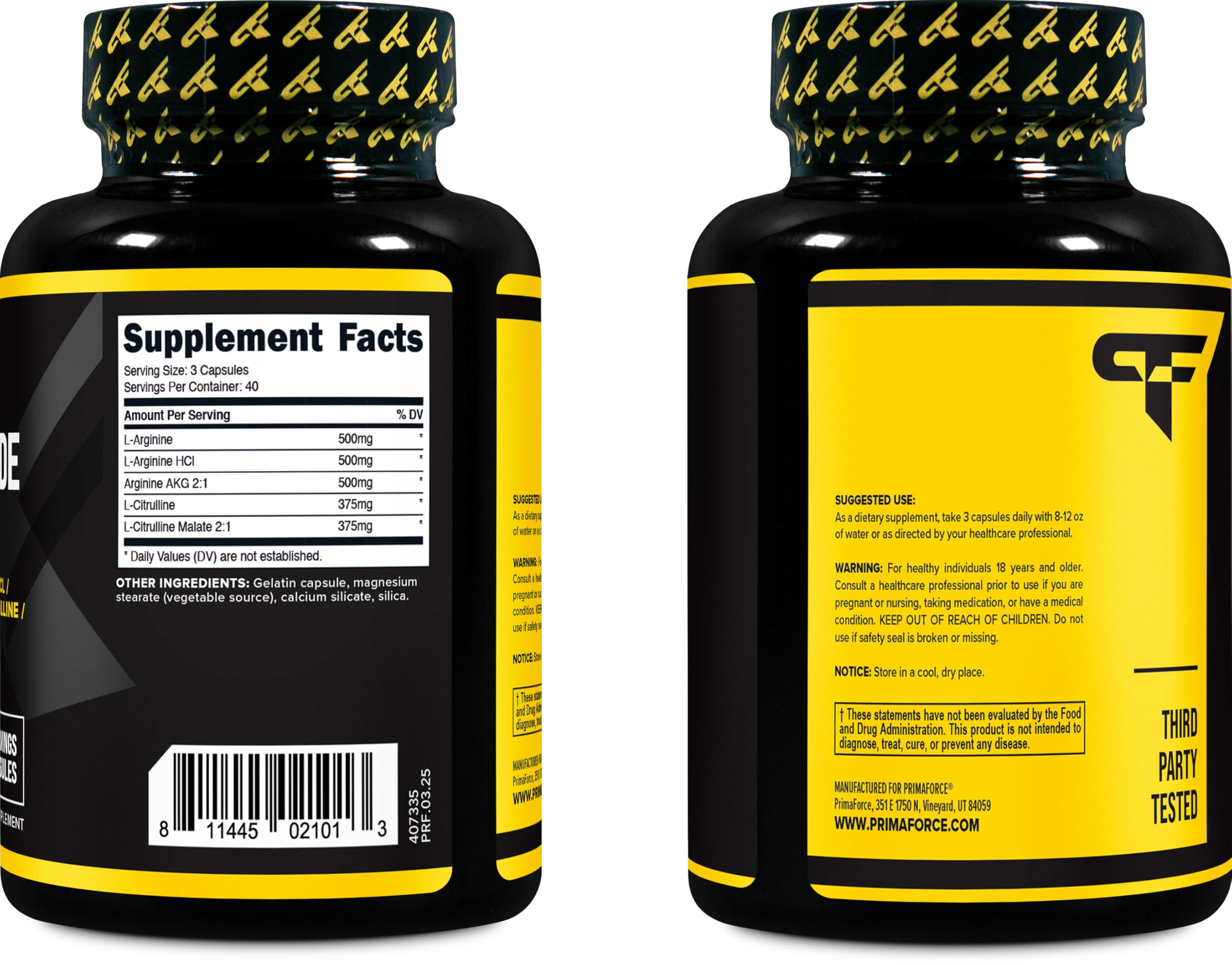 Primaforce Nitric Oxide Booster tub front showing NSF and GMP standards.