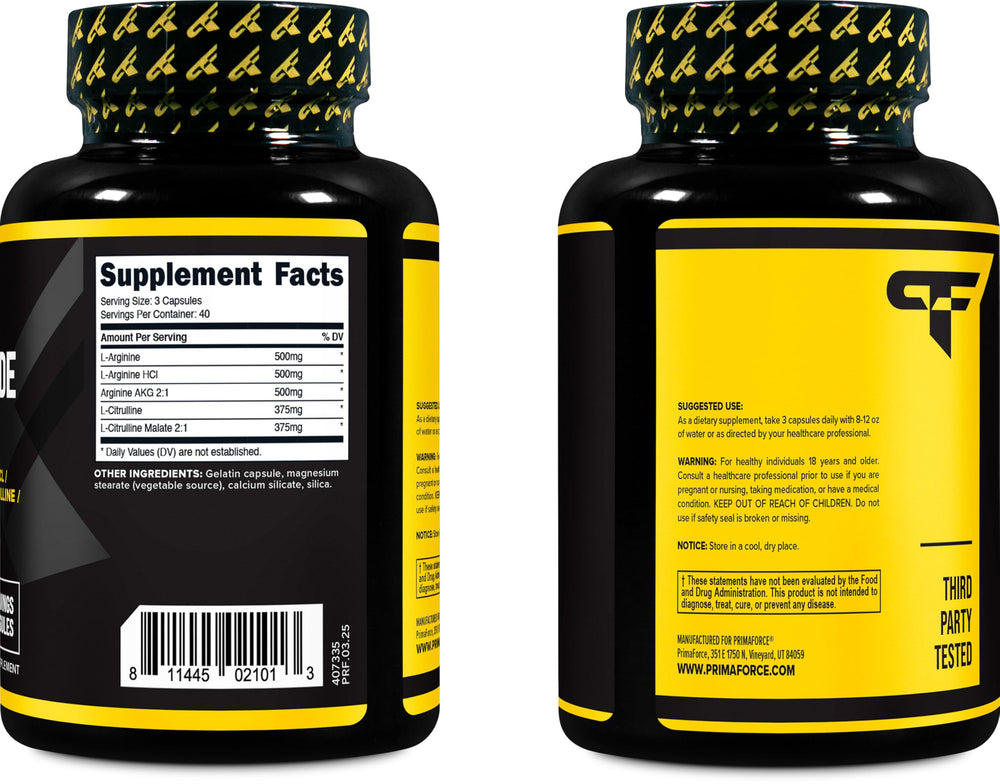 Primaforce Nitric Oxide Booster tub front showing NSF and GMP standards.