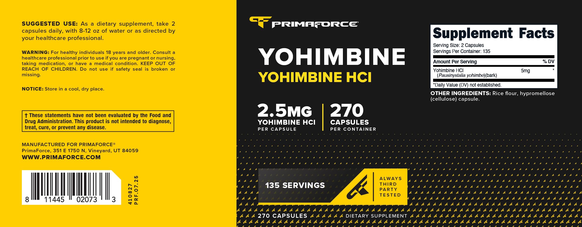 Primaforce Yohimbine HCl packaging shows multi-month supply