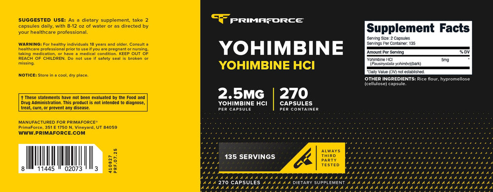 Primaforce Yohimbine HCl packaging shows multi-month supply