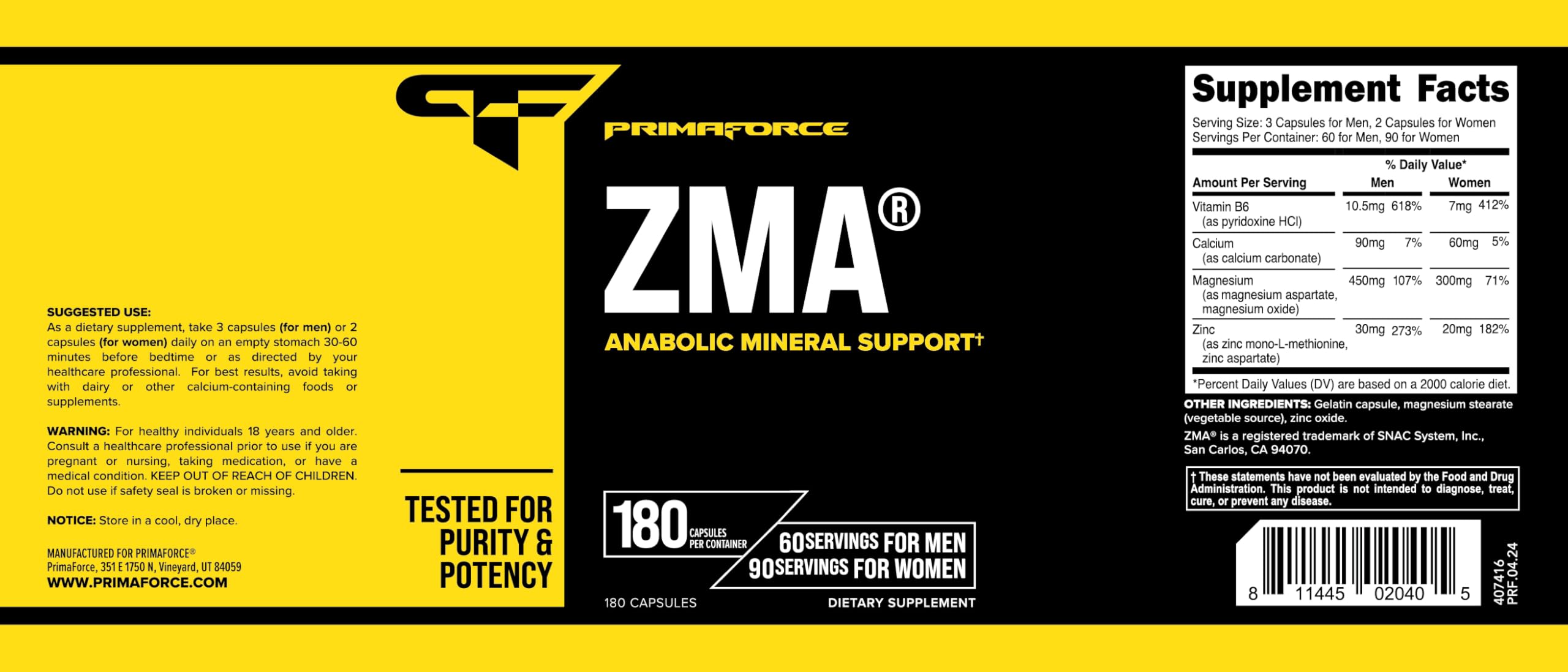 Primaforce ZMA ingredients chart highlights B6 calcium magnesium zinc.