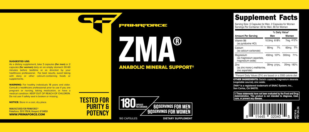 Primaforce ZMA ingredients chart highlights B6 calcium magnesium zinc.