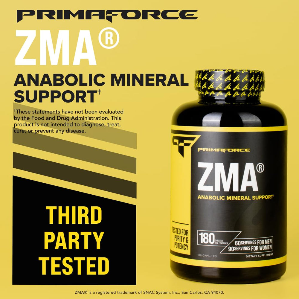 Primaforce ZMA non-GMO gluten-free badge signals clean formula.