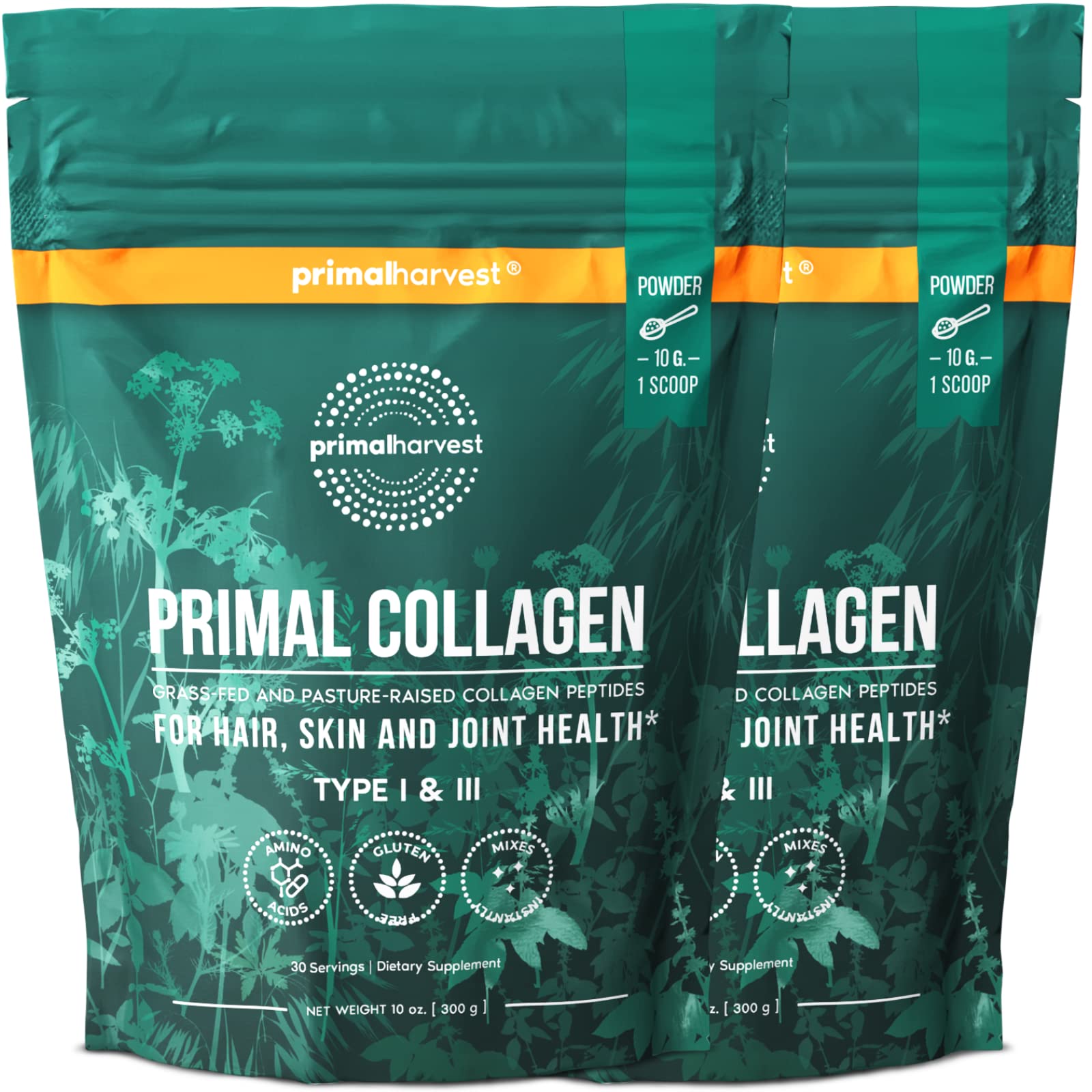 Primal Harvest Collagen Powder bottle with unflavored formula for hair, skin, and nails.