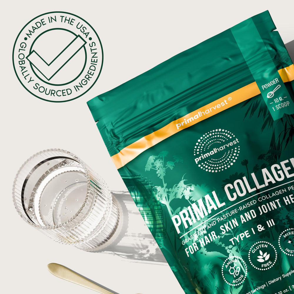 Primal Harvest Collagen powder supports healthy hair and skin lifestyle use.