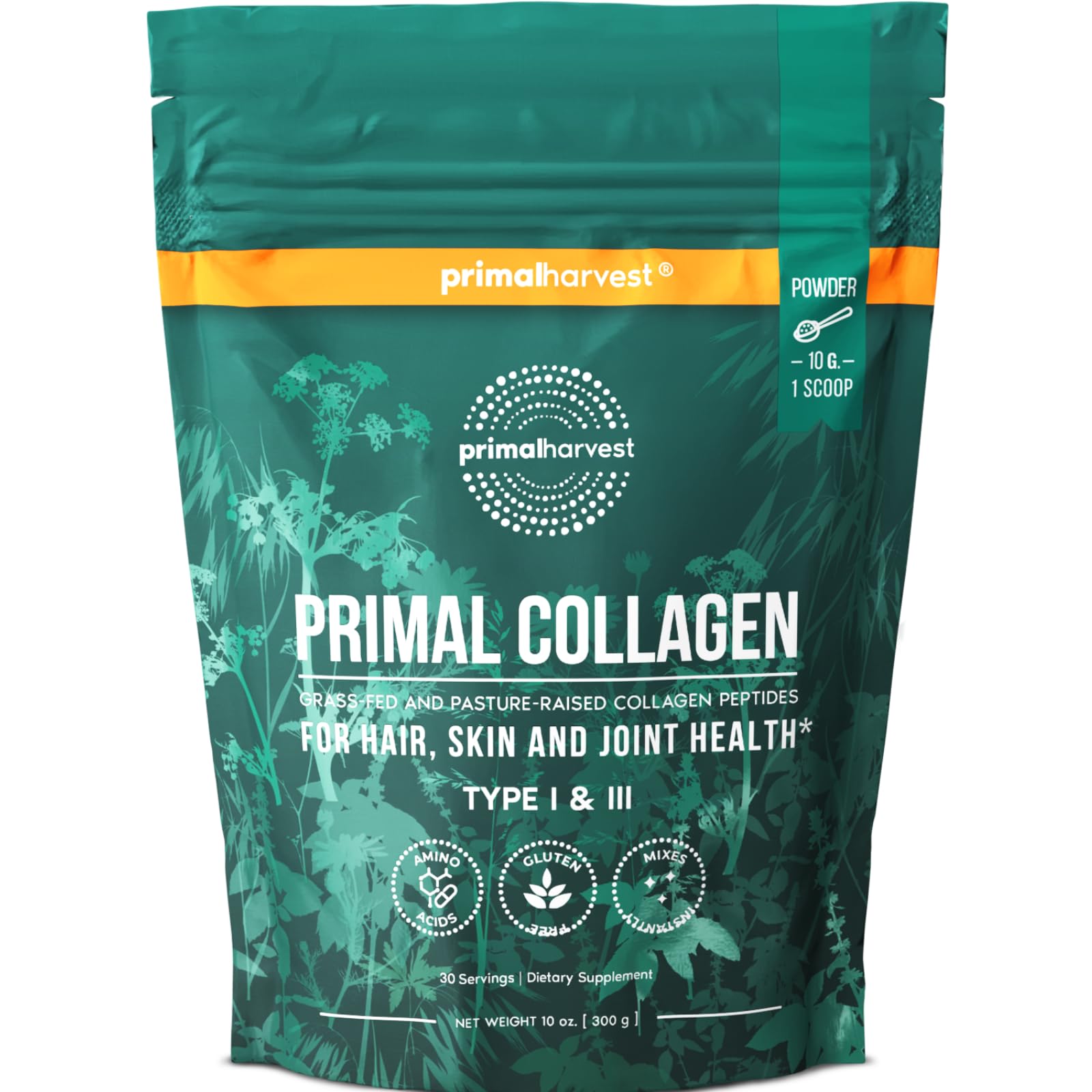 Primal Harvest collagen powder tub front highlights 9 g protein per serving.