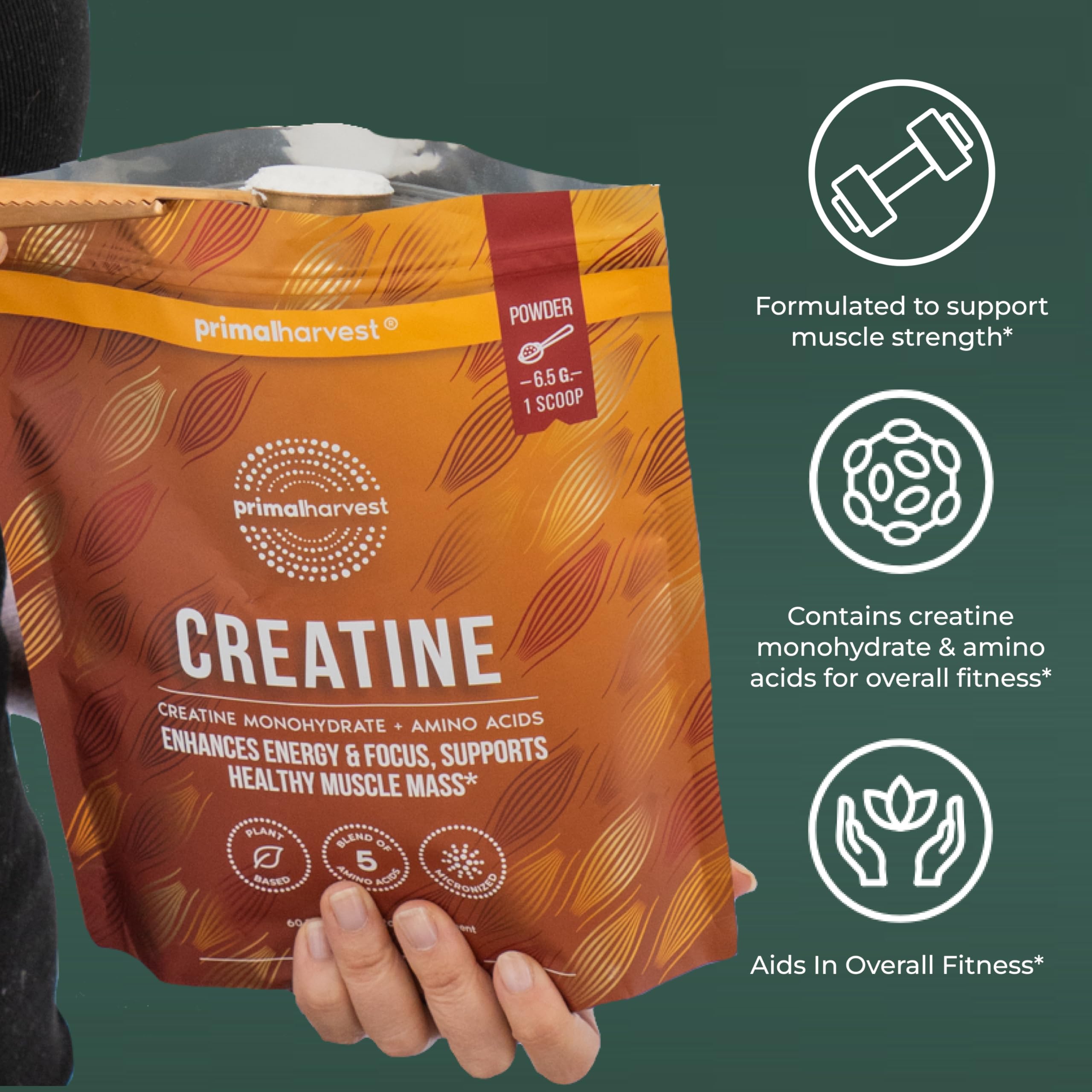 Primal Harvest creatine powder amino acids label close-up for recovery
