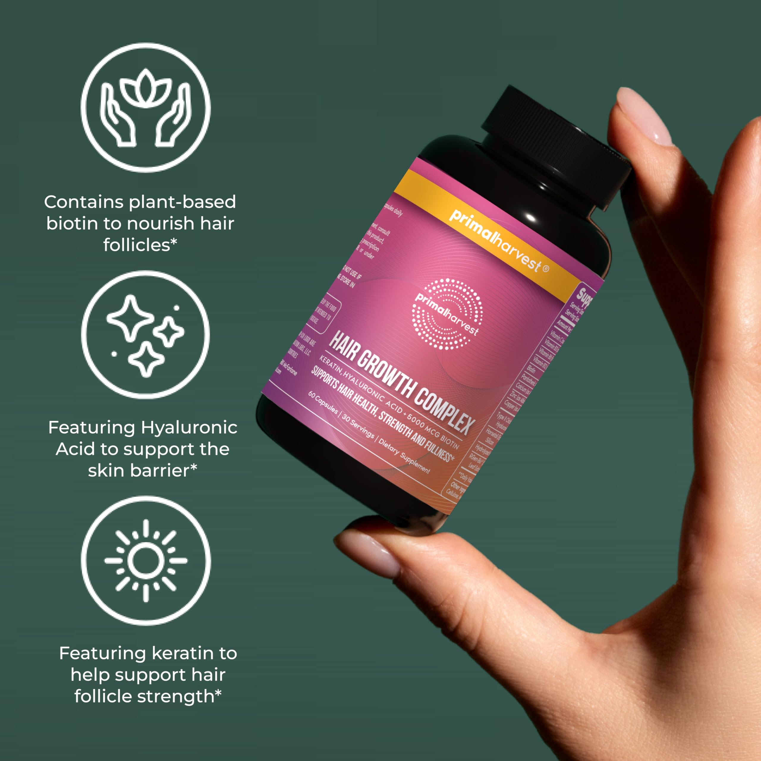 Two Primal Harvest capsules with water show simple daily dosage