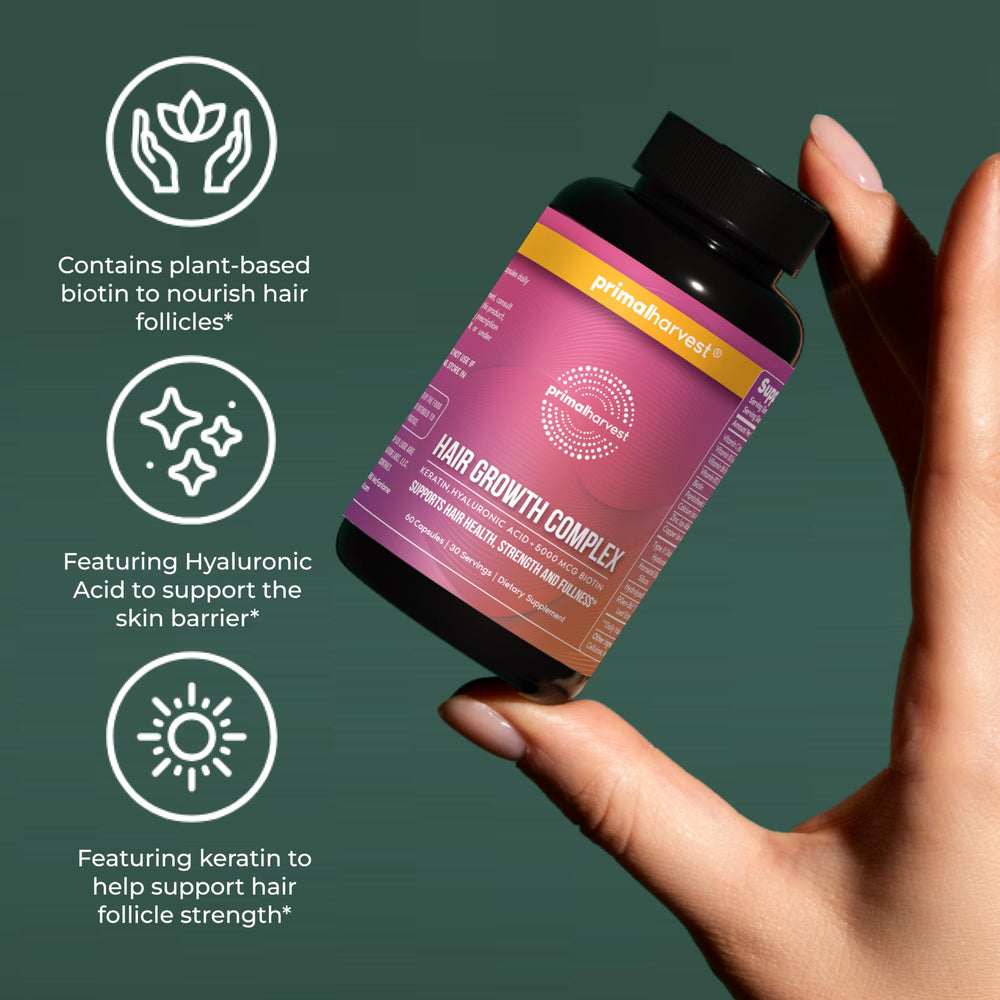 Two Primal Harvest capsules with water show simple daily dosage