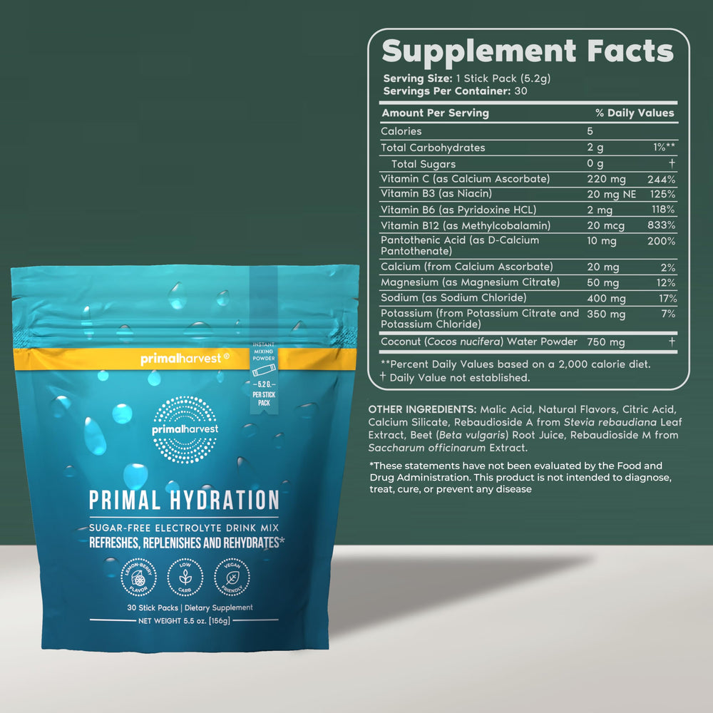 Primal Harvest Electrolytes easy-open packet simplifies hydration between workouts.