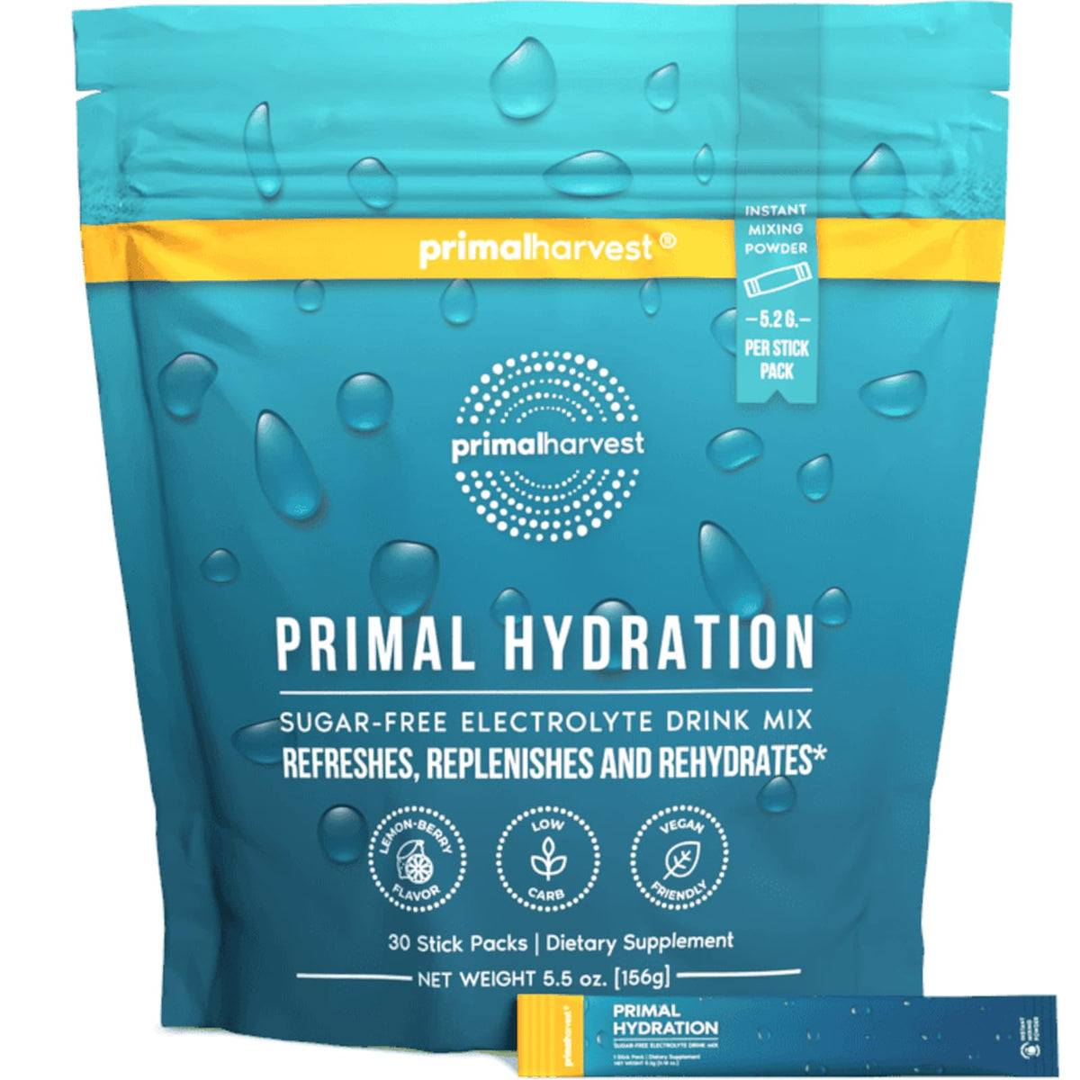 Primal Harvest Electrolytes Lemon Berry packet ready for on-the-go hydration.