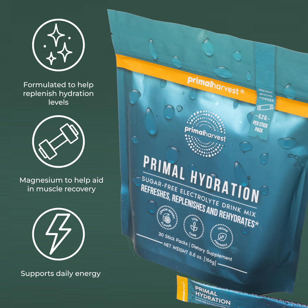 On-the-go Primal Harvest packets fit gym bags and travel.