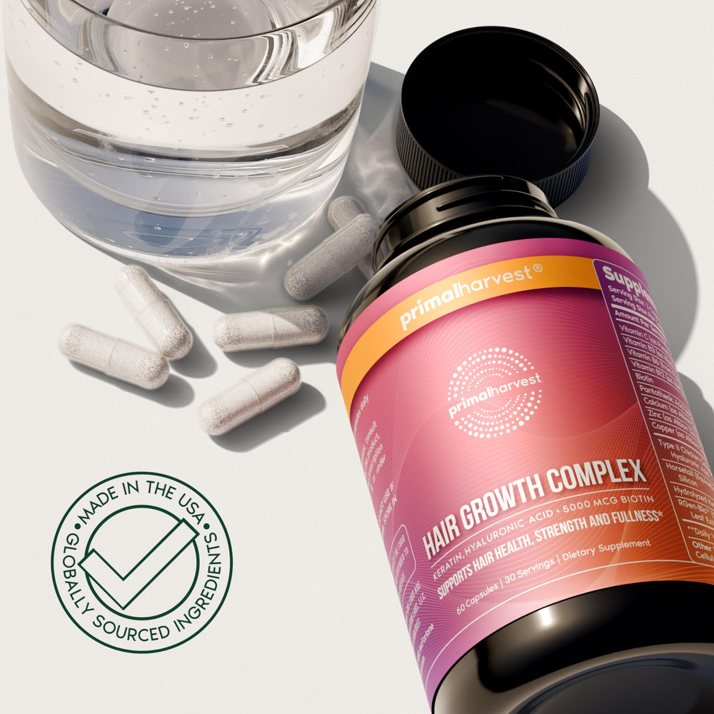 Lifestyle shot suggesting a dedicated hair wellness routine with Primal Harvest vitamins