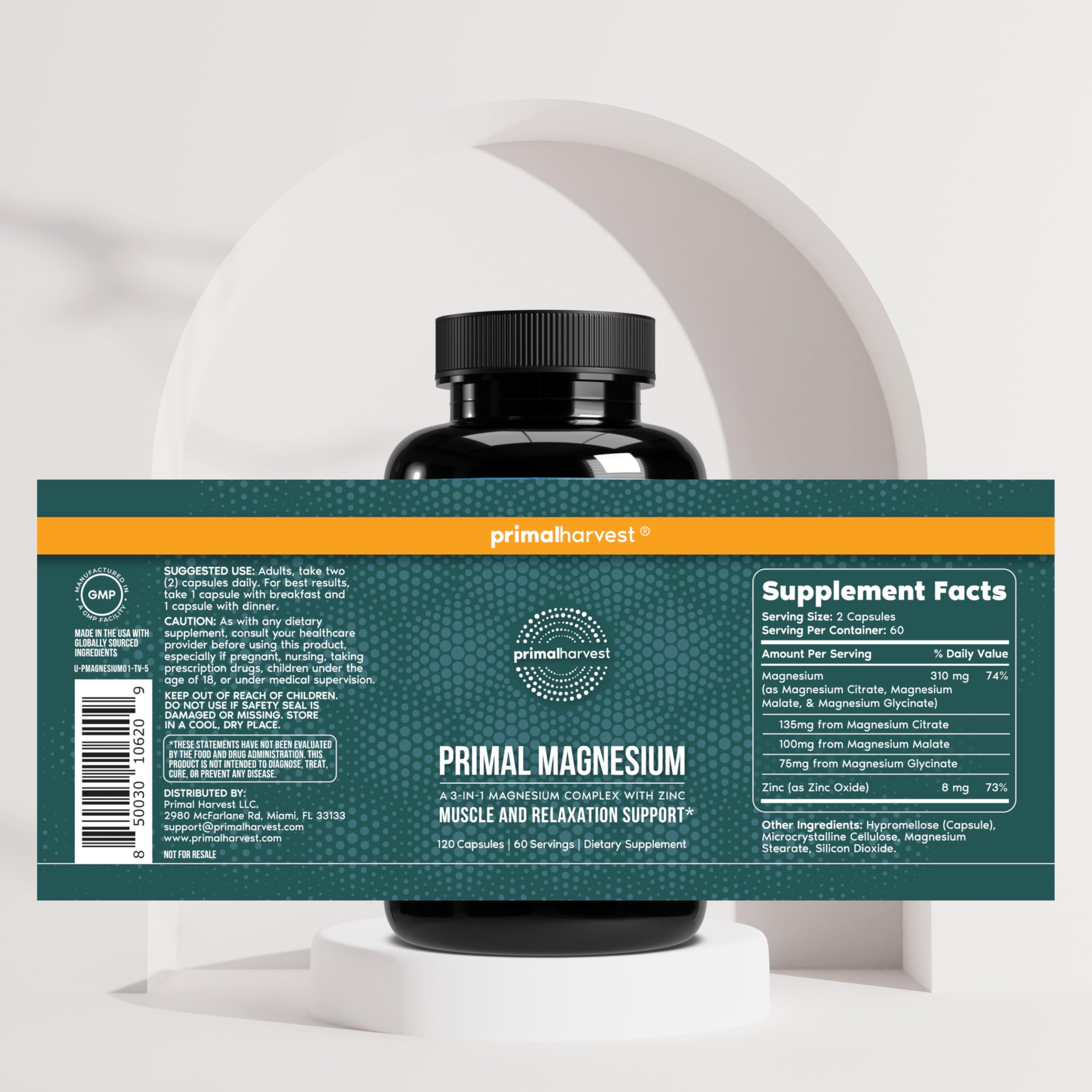 Primal Harvest Magnesium Complex capsules with zinc for immune health potential.
